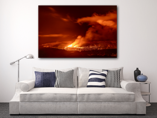 Halema'uma'u Night Eruption metal print on display in a living room.