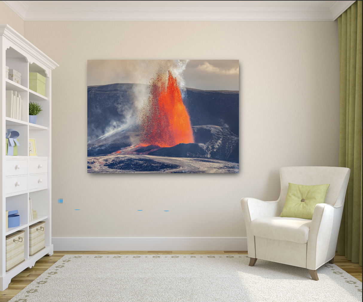 Kilauea lava fountains print on display in a library.