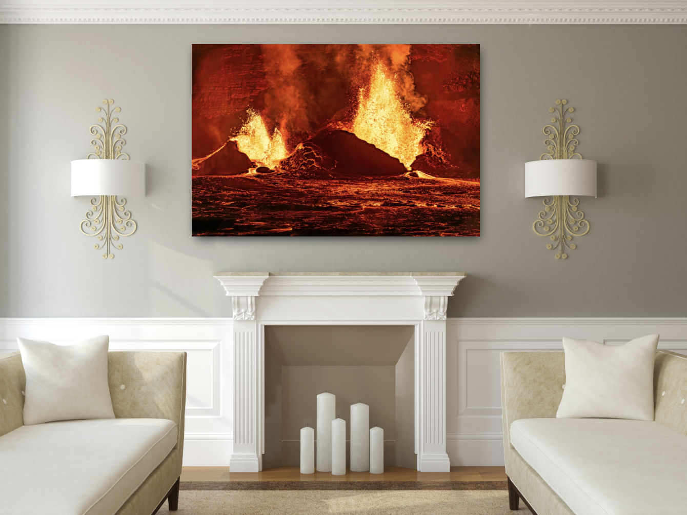 Kilauea eruption photo on display in a living room.