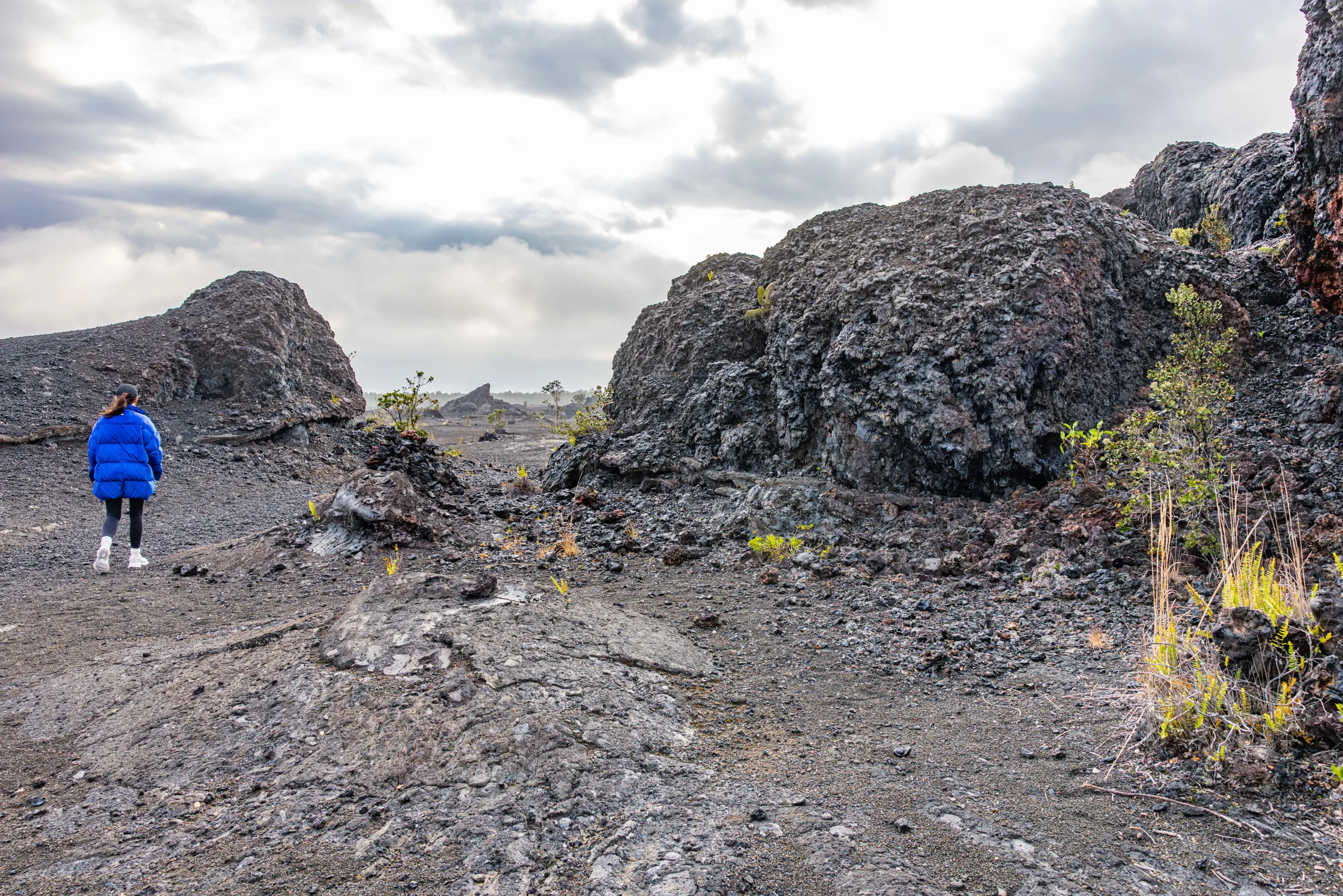 Hilo shore excursion guest looking at volcanic rocks in Hawaii Volcanoes National Park.