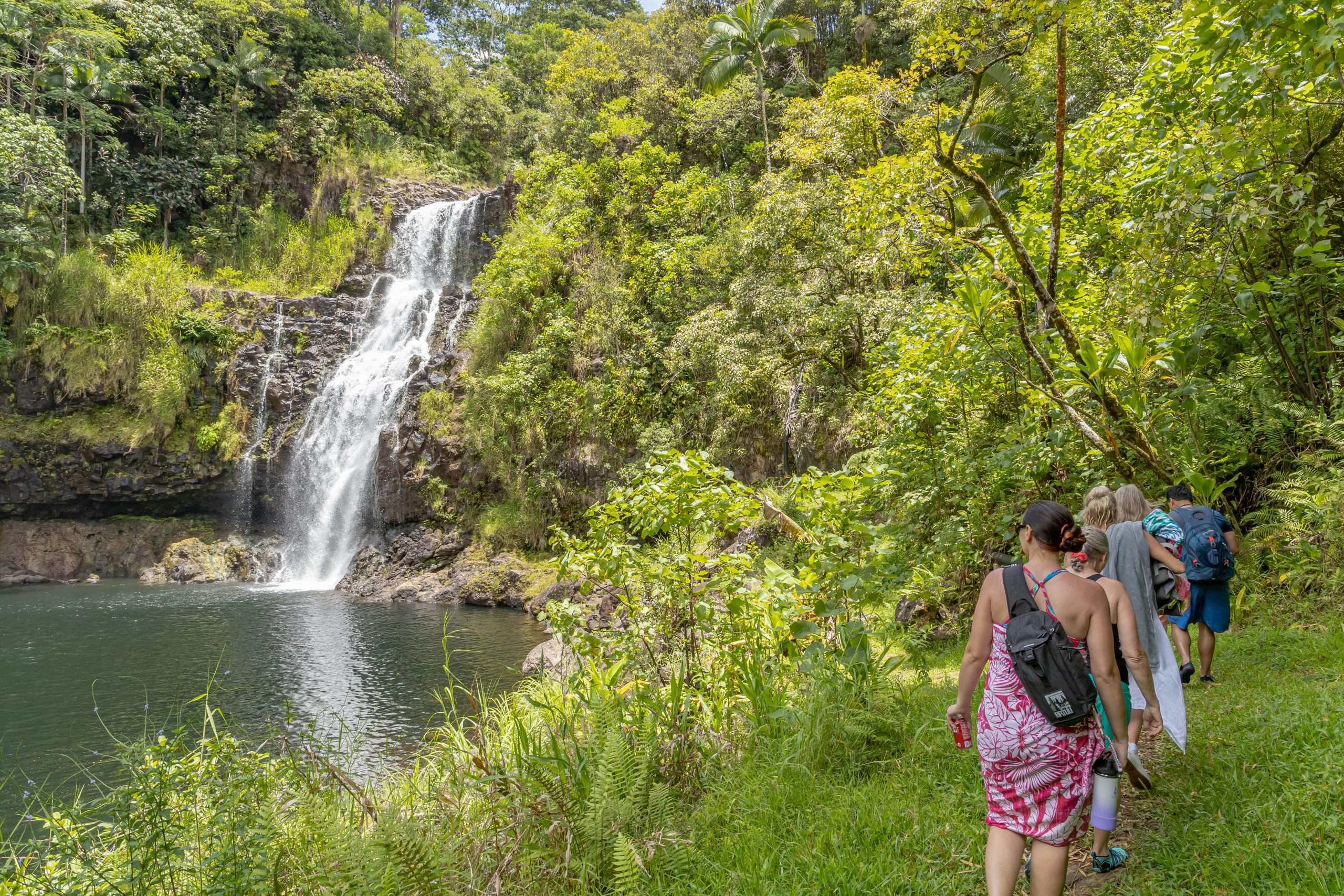 Family walks along a river with a waterfall, things to do Big Island.