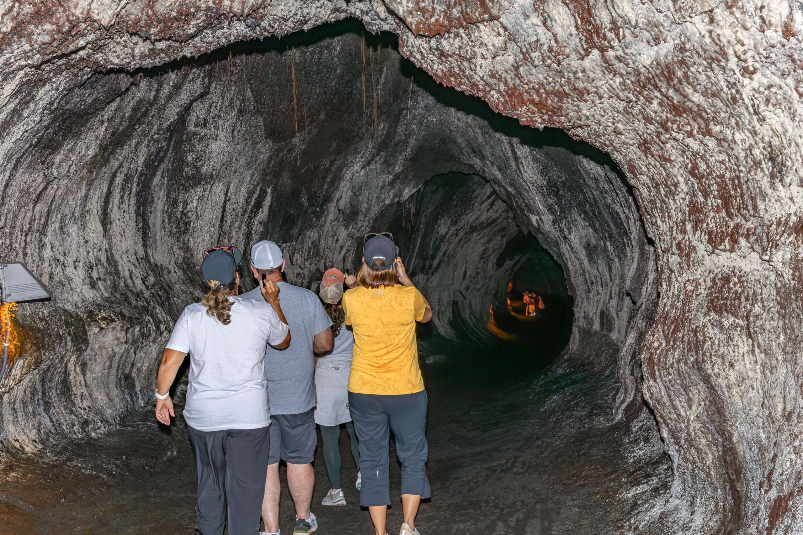 Hilo cruise ship tour guests walking through the Thurston lava tube in Volcanoes National Park.