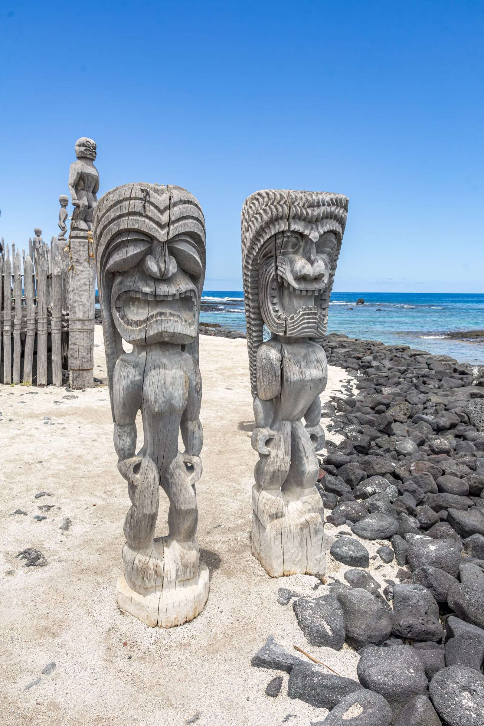 Ki'i wood carvings in Pu'uhonua O Honaunau National Historical Park.