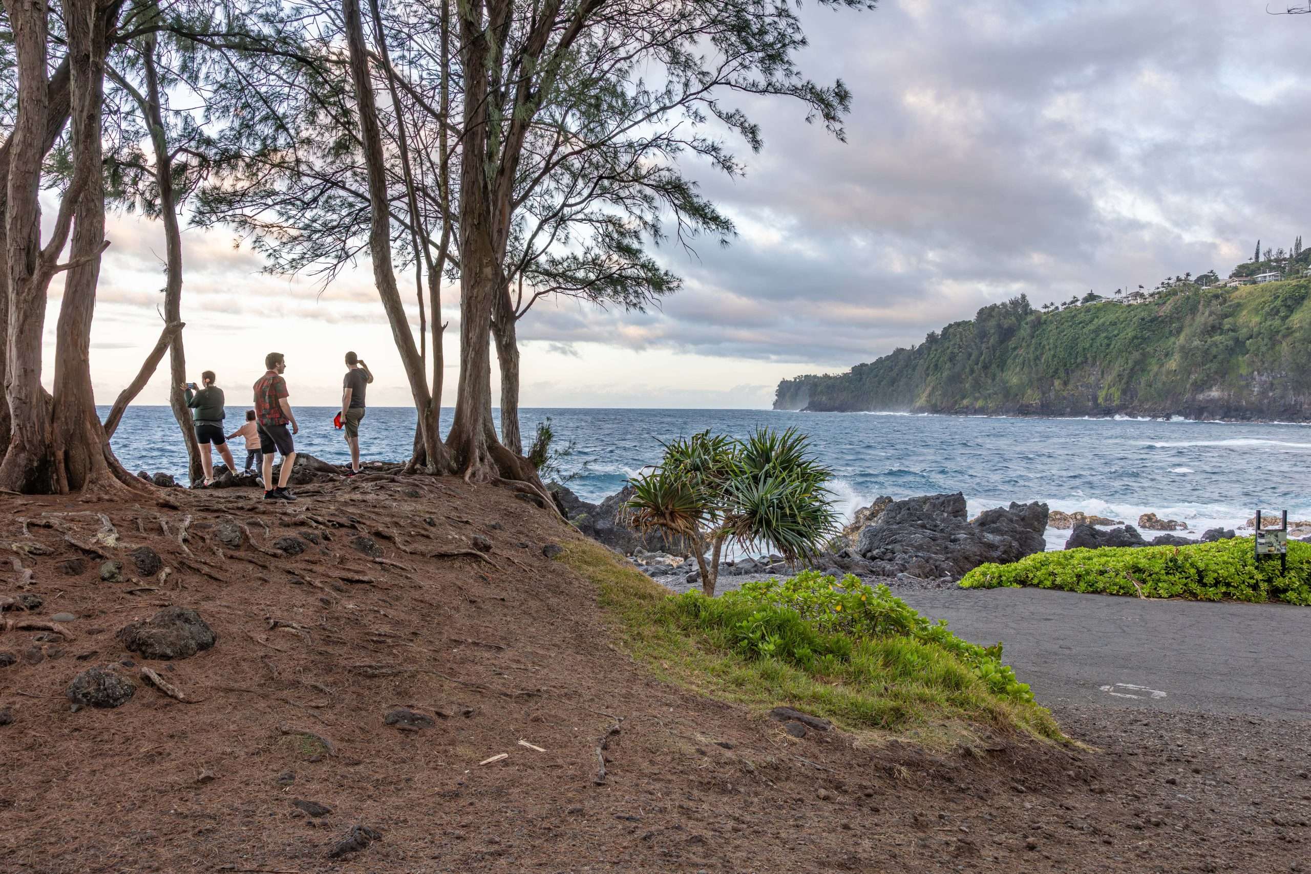 Guests enjoying sunset at Lapahoehoe County Park on a circle the Big Island tour. 