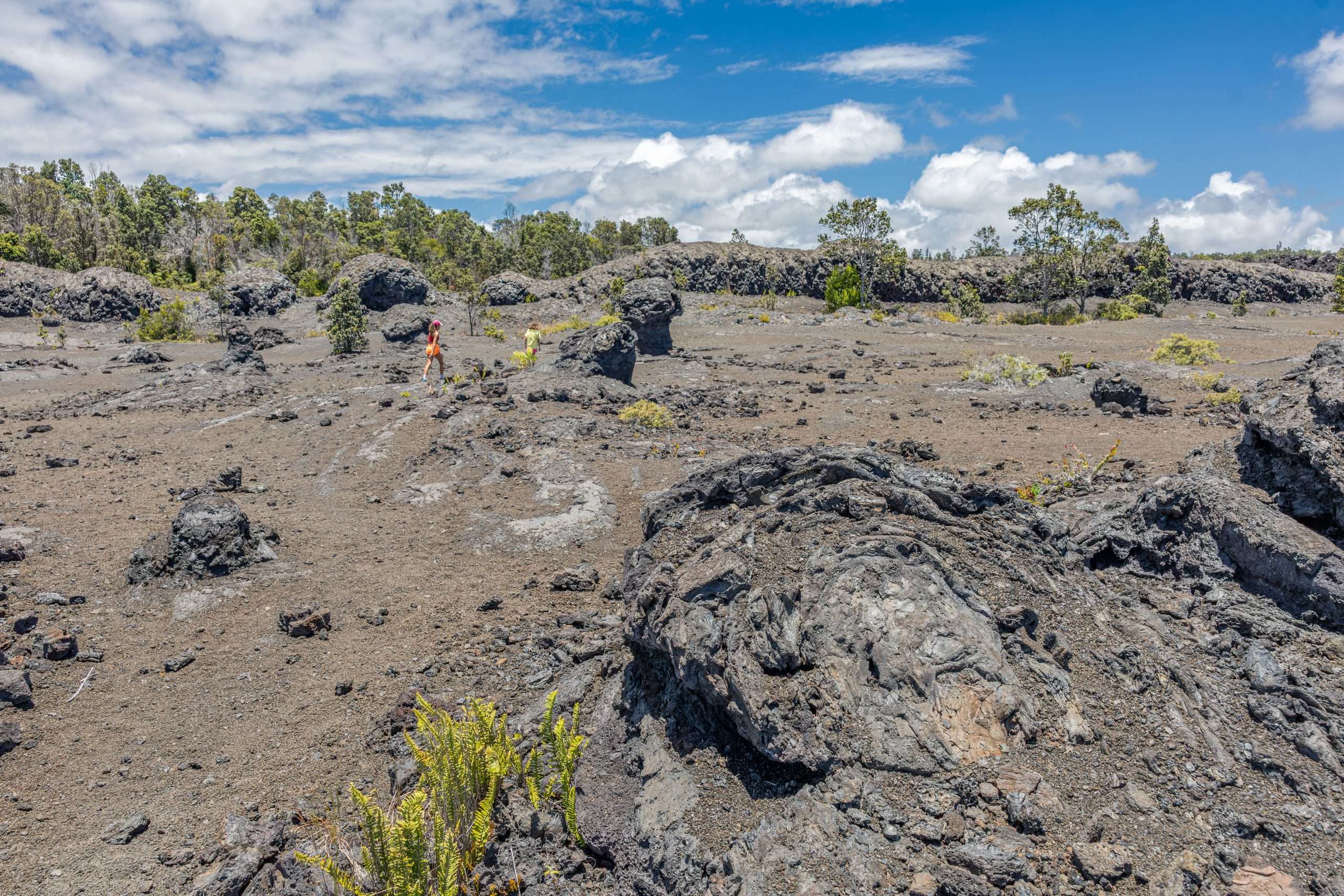 Kona volcano tour guest walking through lava field in Volcanoes National Park.