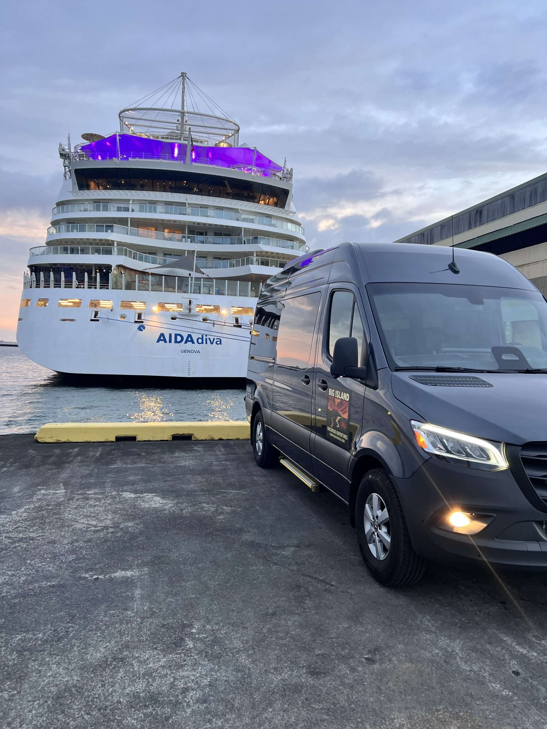 Big Island Backroad Adventures tour van park at the Port of Hilo.