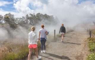 Hawaii Volcanoes National Park tour guests walking along the Wahinekapu Steaming Bluffs.