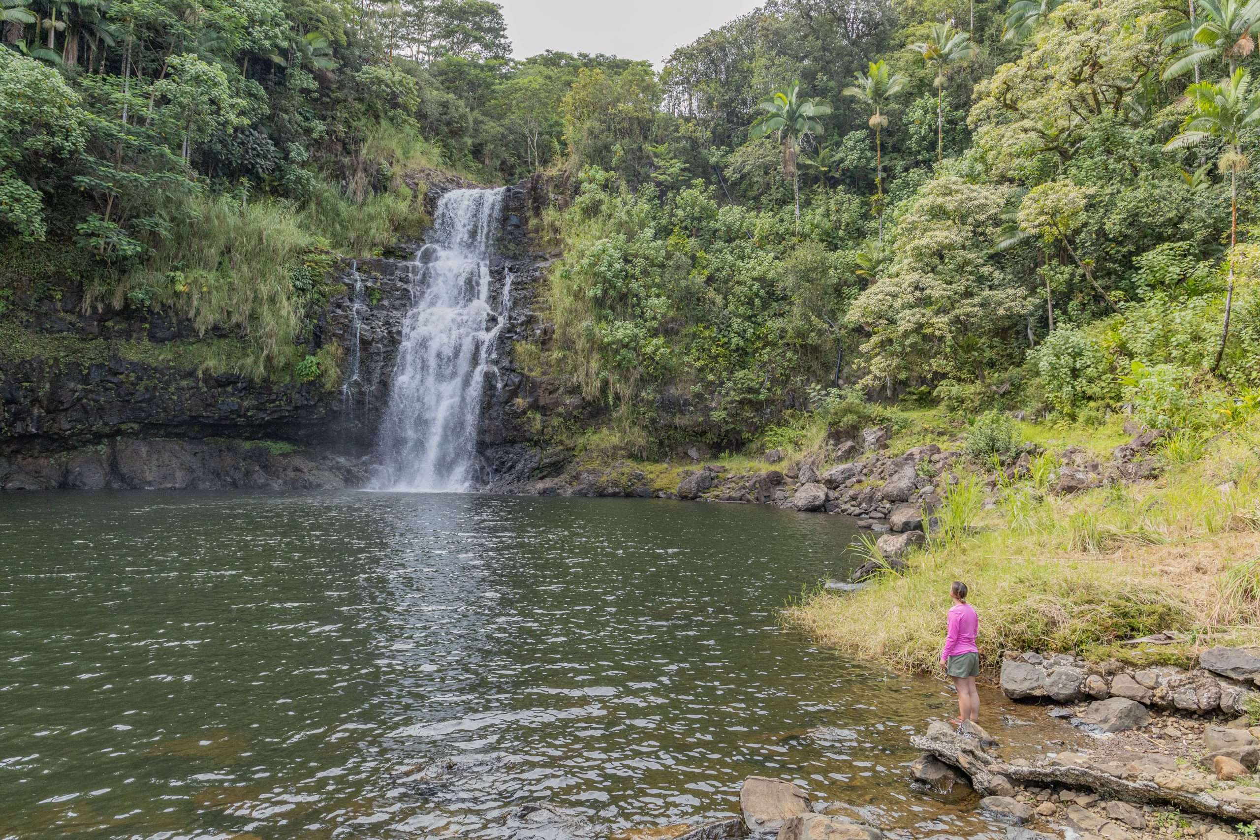 Guests stands at base of Kulaniapia Falls, Big Island Hawaii waterfall tours.